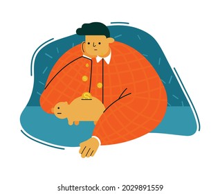 The metaphor of the financial crisis, poverty. A young man cries over a piggy bank, his tears turn into coins. Clipart, vector.