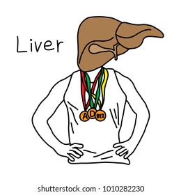 metaphor function of liver to liver store vitamins A, D, and B12 vector illustration sketch hand drawn with black lines, isolated on white background. Education Medical concept.