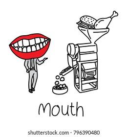 metaphor function of mouth cavity to aid in the ingestion and digestion of food vector illustration sketch hand drawn with black lines, isolated on white background