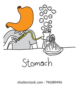 metaphor function of stomach to secrete acid and enzymes that digest food vector illustration sketch hand drawn with black lines, isolated on white background