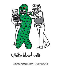 Metaphor Function Of White Blood Cell To Protect The Body Against Both Infectious Disease And Foreign Invaders Vector Illustration Sketch Hand Drawn With Black Lines. Education Medical Concept.
