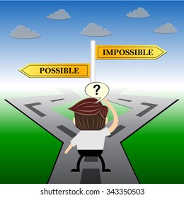 metaphor humour design , impossible and possible choice road sign concept,
