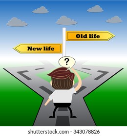 metaphor humour design , New life and old life choice road sign concept,