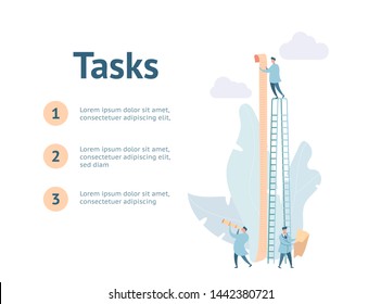 Metaphor of a large list of tasks. Little people hold a piece of paper on a long staircase. Modern flat vector illustration for presentation.