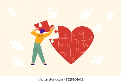 Metaphor of Love, betrayal and relationship. Man collects a heart puzzle. Connect a broken heart and Save love concept for Valentines Day. Flat Art Vector Illustration.