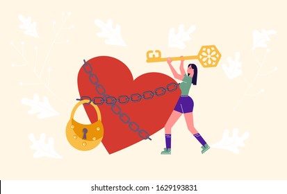 Metaphor of Love and Locked heart. Girl carries keys to open the lock and remove chains from the heart. Pick up the key to the heart and love concept for Valentines Day. Flat Art Vector Illustration