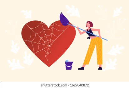 Metaphor of Love, Locked heart, Heart-free, betrayal and relationship. Woman frees a heart entangled in a web of lies and deceit. Concept for Valentines Day. Flat Art Vector Illustration
