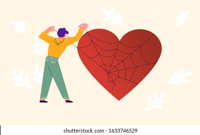 Metaphor of Love, Locked heart, Heart-free, betrayal and relationship. Man frees a heart entangled in a web of lies and deceit. Concept for Valentines Day. Flat Art Vector Illustration