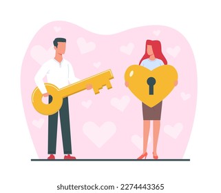 Metaphor for love, man holding golden key to woman heart lock. Romantic relationships. Valentine card or poster. People together celebration. Cartoon flat characters. Vector concept