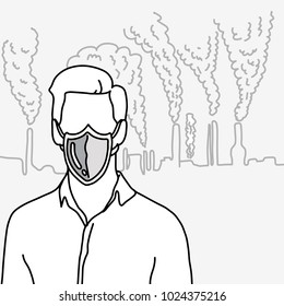 metaphor man using shield as a disposable face mask to protect smoke vector illustration sketch hand drawn with black lines, isolated on white background. 