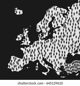 Metaphor meaning: Aging. Greying of Europe, pictogram of men are vanishing from map. Decrease of population based on birth, date rate