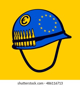 METAPHOR MEANING: Blue Helmet with symbol of European union. Metaphor of joint EU army - military power and defence force to protect territory and member states during danger
