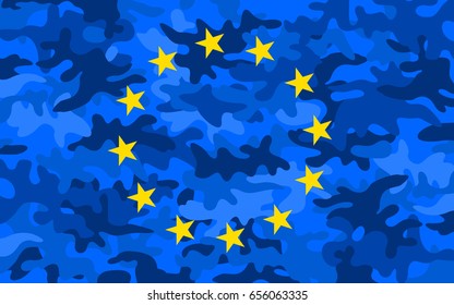 METAFORMA: Ejército de la Unión Europea - estrellas amarillas y campo de camuflaje azul como metáfora de la integración militar y de la UE - alianza de aliados para proteger a Europa de la defensa