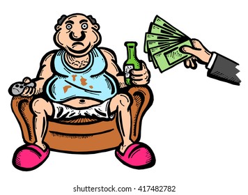 METAPHOR MEANING: Unconditional Basic Income as absurd welfare benefit - hand is giving money / salary to fat lazy man sitting in armchair, watching TV and drinking. Illustration isolated on white. 