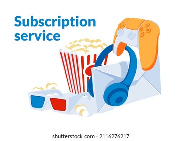 metaphor for media content subscription service. Large paper envelope, large headphones, popcorn paper cup, home game console, paper glasses for watching 3D movies. Access to movies, shows, music and 