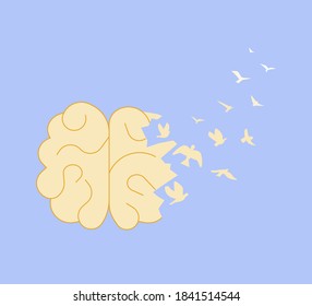 Metaphor of memory loss, thoughts leave the brain and fly away like birds. Flat Art Vector Illustration