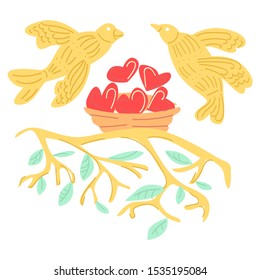 Metaphor nest on branch, in which instead of eggs abstract hearts are drawn, pair birds flies over nest. Concept love, motherhood, having many children, Valentine s Day, many children, fidelity.