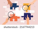 Metaphor of partnership. Hands add up picture from different puzzles. Creative personalities and brainstorming. Workflow, colleagues working on same project. Cartoon flat vector illustration