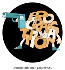 Metaphor Procrastination kills time. Lettering figures. Characters of time and procrastination. Fine for articles and educational materials.