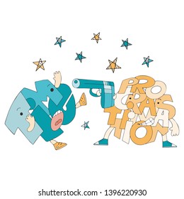 Metaphor Procrastination kills time. Lettering figures. Characters of time and procrastination. Fine for articles and educational materials.