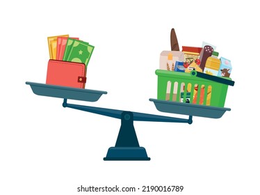 Una metáfora, un bolso con dinero, escalas, una canasta de comestibles. Inflación, aumento de los precios de los alimentos. Ilustración vectorial.