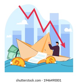 Metaphor of risk, crisis, loss and bankruptcy in business. Cartoon vector illustration. Tiny man sailing paper boat symbolizing financial, economy recession. Bankruptcy, economy risk, business concept