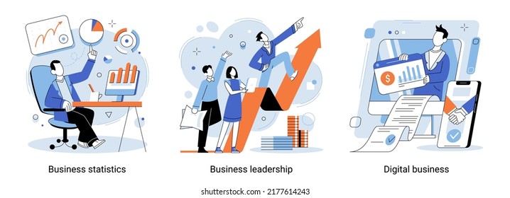 Metaphor set of digital business vector illustration. Market success, digital work, leadership strategy, data analysis. People dealing with business statistics, online transactions, profit increase