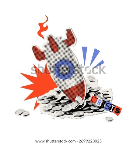 Metaphor of Startup Failed. Rocketship fall. Modern collage with halftone rocket crashed into a pile of coins. Cut out newspaper elements. Business failure concept. Vector grunge design with graffiti