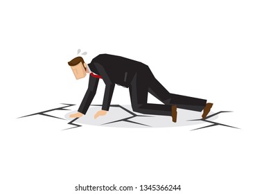 Metaphor of stress businessman on crack floor. Concept of corporate crisis, failure or sabotage. Isolated vector illustration.