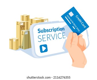metaphor for subscription and delivery service. A hand holds a credit card on a large smartphone screen background. A group of large paper boxes. Flat vector illustration.