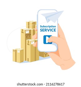 Metaphor Of Subscription And Delivery Service. A Hand With A Big Smartphone In Front Of A Group Of Boxes In The Background. A Paper Plane Flies Around A Large Smartphone. Flat Vector Illustration.