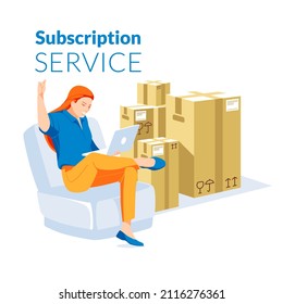 Metaphor For Subscription And Delivery Service. Happy Attractive Girl Is Sitting At Home With A Laptop. A Group Of Large Paper Boxes In The Background. Flat Vector Illustration.