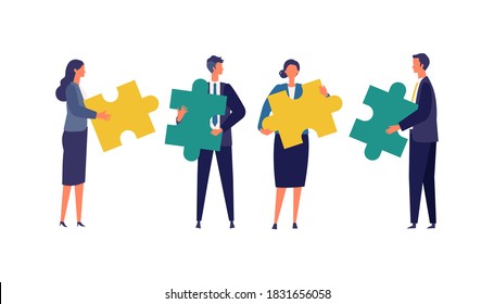 Metaphor Of Teamwork, Cooperation And Partnership. Flat Design Vector Illustration Of Business People Connecting Puzzle. Concept For Partnership. 