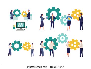 Metaphor of teamwork, strategy, connecting. Flat design vector illustration of business people. Concept for partnership. 