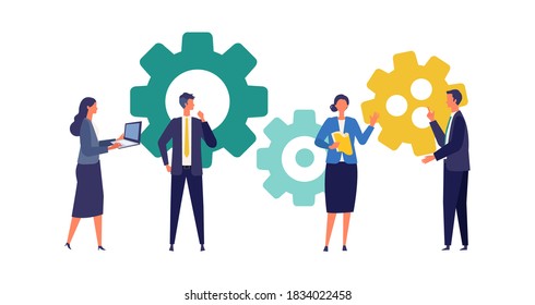 Metaphor of teamwork, strategy, connecting. Flat design vector illustration of business people. Concept for partnership. 
