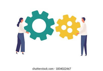 Metaphor of teamwork, strategy, connecting. Flat design vector illustration of business people. Concept for partnership. 