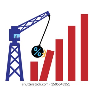 A metaphor using a wrecking ball with a percetage symbol crashing into a bar chart to illustrate the impact of intrest rates on global growth.