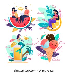 Metaphor Vacation and Rest Advertisement Flat Set. Vector Cartoon People Using Laptop and Mobile for Booking Tour. Promoting Banner Template for Tropical Menu. Illustration with Plant Leaves Decor
