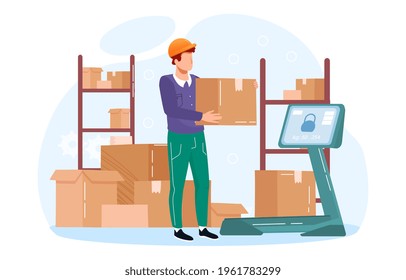 Metaphor vector concept. Inventory management with goods demand and stock supply planning. Goods collection according to the client order in pick point. Distribution, shipping production resources.