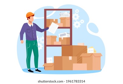 Metaphor vector illustration concept. Inventory management with goods demand and stock supply planning. Distribution and shipping production resources from storage and warehouse to retail store