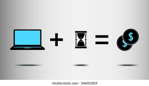 metaphor for the work plus time equals money, flat vector design