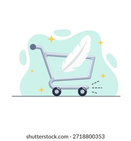A metaphoric feather resting inside a moving shopping cart flat design vector empty state ui illustration