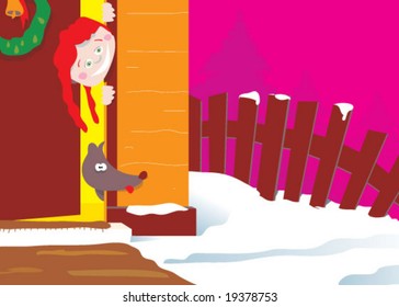 A metaphorical illustration of a little girl and her dog peeking out of the door, waiting for santa.