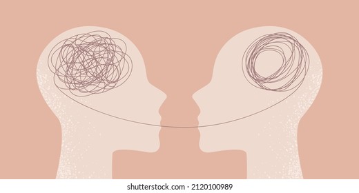 Metaphorical illustration of two silhouettes of human heads with a thread between them. Therapist and patient. The concept of a psychotherapeutic session.