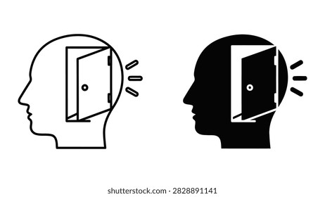 A metaphorical vector illustration featuring a human head in profile with an open door inside symbolizing open-mindedness new opportunities inspira