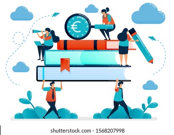 Metaphors Of Burden Of Education Costs. Students Carry Heavy Books. Looking For Education Funding. Free School Scholarship  Program. Vector Illustration, Graphic Design, Card, Banner, Brochure, Flyer