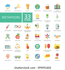 Metaphors flat icons set