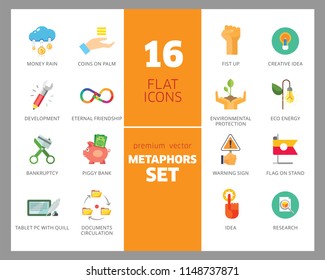 Metaphors vector icon set. Money rain, bread, stop sign, idea. Metaphor concept. Can be used for topics like creativity, business, finance, environment, lifestyle