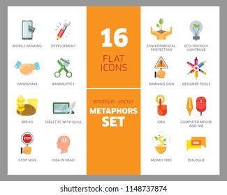 Metaphors vector icon set. Money rain, bread, stop sign, idea. Metaphor concept. Can be used for topics like creativity, business, finance, environment, lifestyle