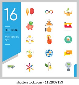 Metaphors vector icon set. Money rain, bread, stop sign, idea. Metaphor concept. Can be used for topics like creativity, business, finance, environment, lifestyle